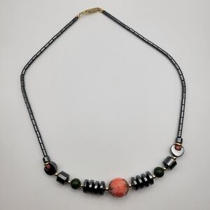 Hematite and Faux Coral Beaded Necklace Gold Tone Clasp